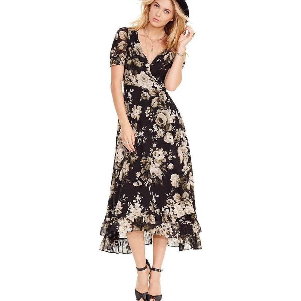Ralph Lauren Denim & Supply Maxi Dress Women's Size Medium Black Floral Wrap